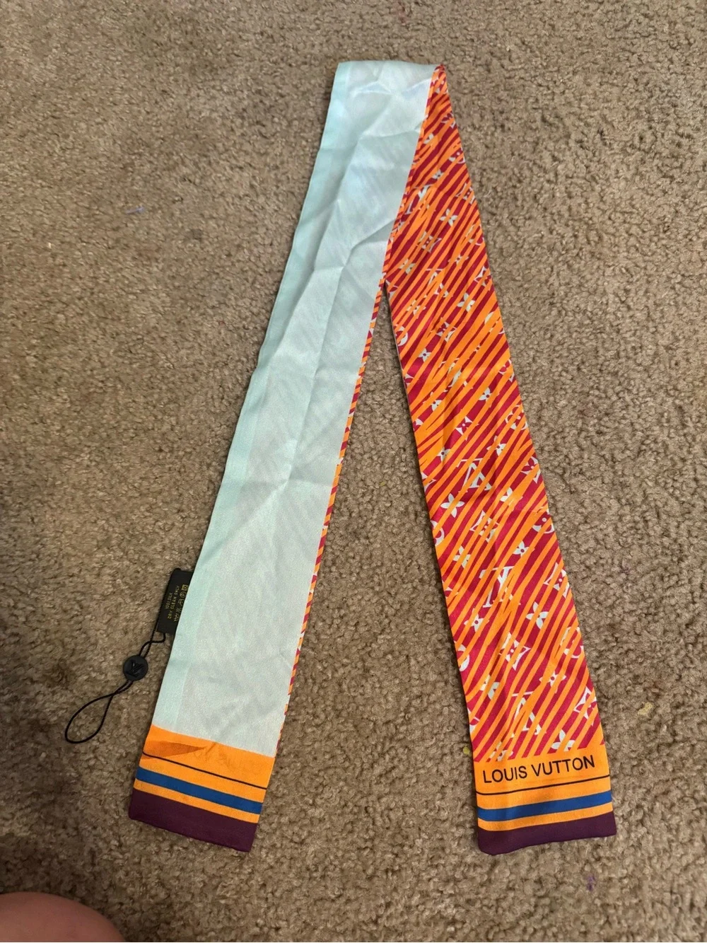 Louis Vuitton Orange & Light Blue Silk Twilly with Stripe Logo